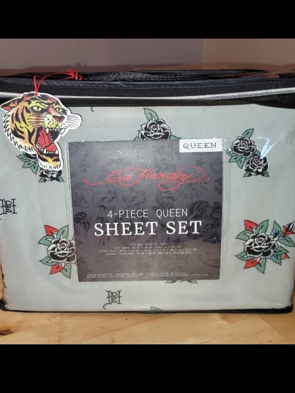Ed Hardy Light Gray Queen Sheet Set with Tattoo Rose Motif